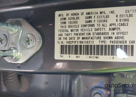 2011 Honda Accord Lx from USA, damaged, VIN 1HGCP2F31BA108213